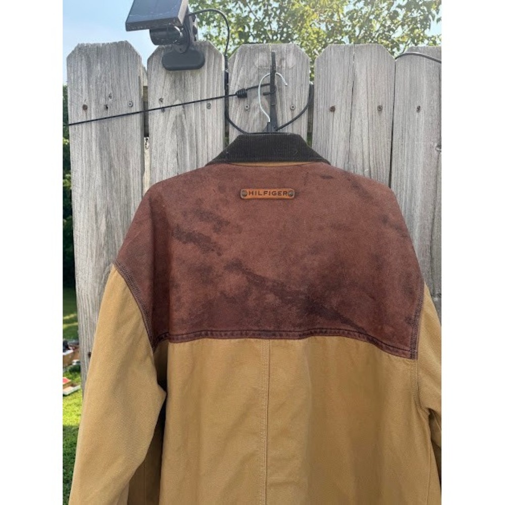 Vintage Tommy Hilfiger Canvas Barn Chore Jacket Tan Leather Yoke Corduroy Plaid - Picture 12 of 16